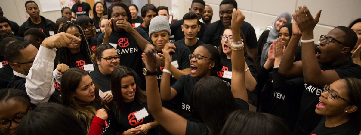 Braven students cheer one another on in a large group