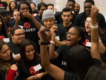 Braven students cheer one another on in a large group