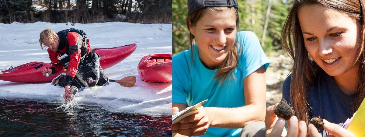 Left side photo of a kayaker in collecting water from a snowy shore. Right side photo two women collecting scat in the woods.