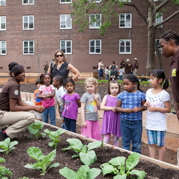 Students gathered in a garden