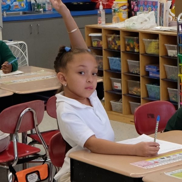 Little girl raises her hand in class