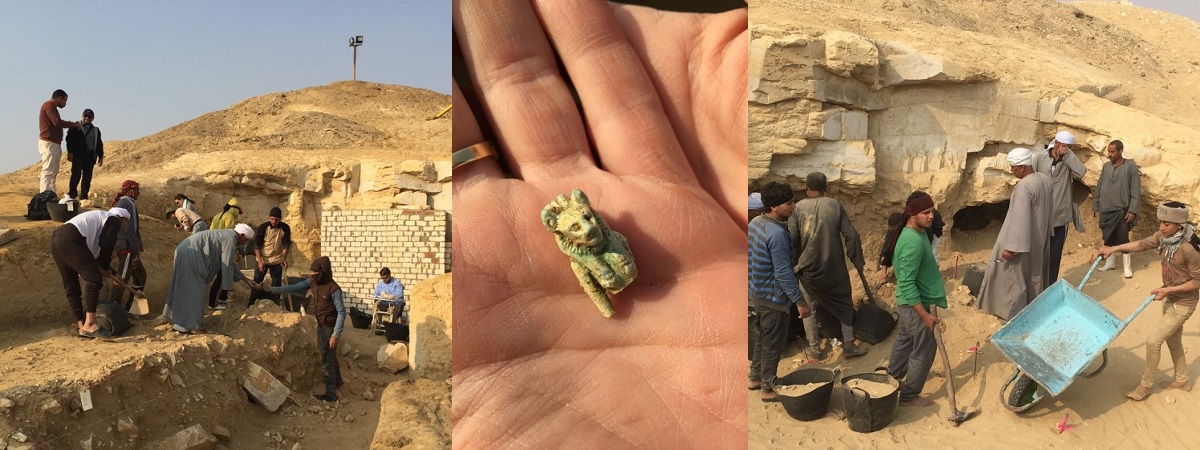 3 photos stitched together showing people working on dig sites for artifacts