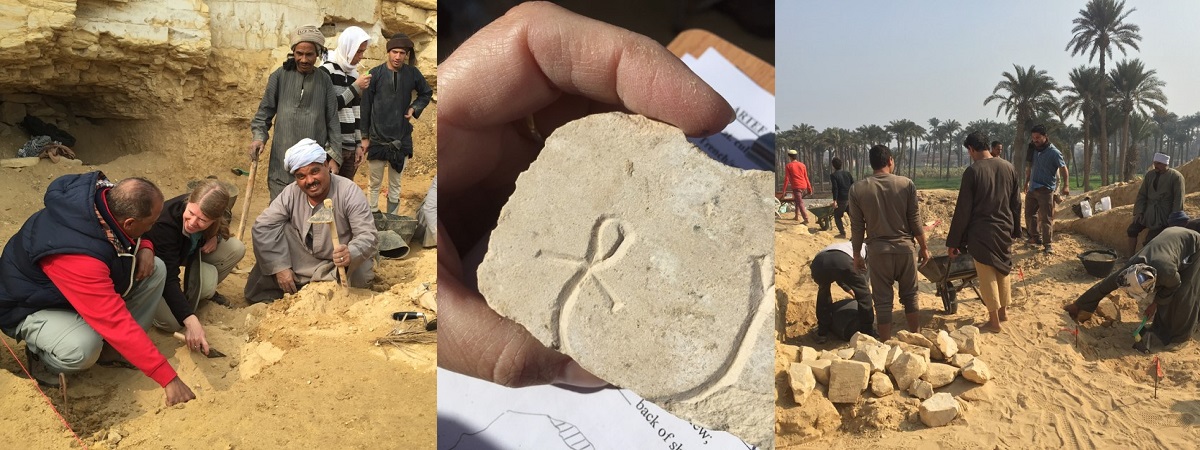 3 photos stitched together showing people working on archaeological sites to dig for artifacts