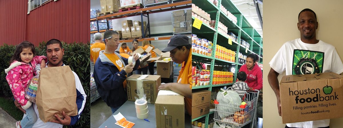 Various food bank photos are strewn together. A father holds his daughter and a grocery bag filled with food. A mother pushes a shopping cart with her child and browses the shelves of food at the food bank. Local volunteers pack boxes full of food.