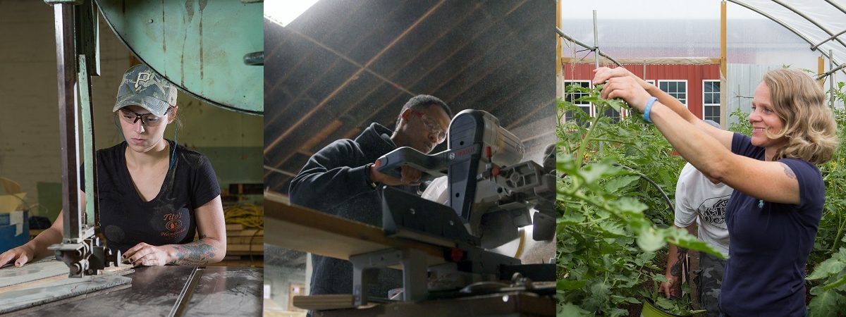 Three photos portraying a woman in a machine workshop, a man using a table saw, and a woman in a greenhouse are stitched together