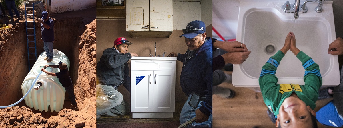 3 images: 1) two men work to bury a water tank underground; 2) 2 Native American men install a sink into a home; 3) a boy washes his hands in a sink with clean running water