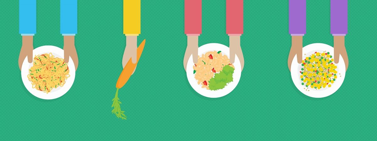 A graphic with a green background shows hands reaching out with plates of food