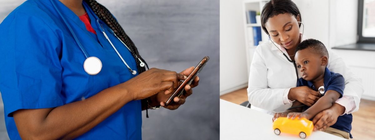 The female doctor's hands holding the stethoscope on his shoulders and using a mobile phone. Medical help or insurance concept. Doctor receiving concept