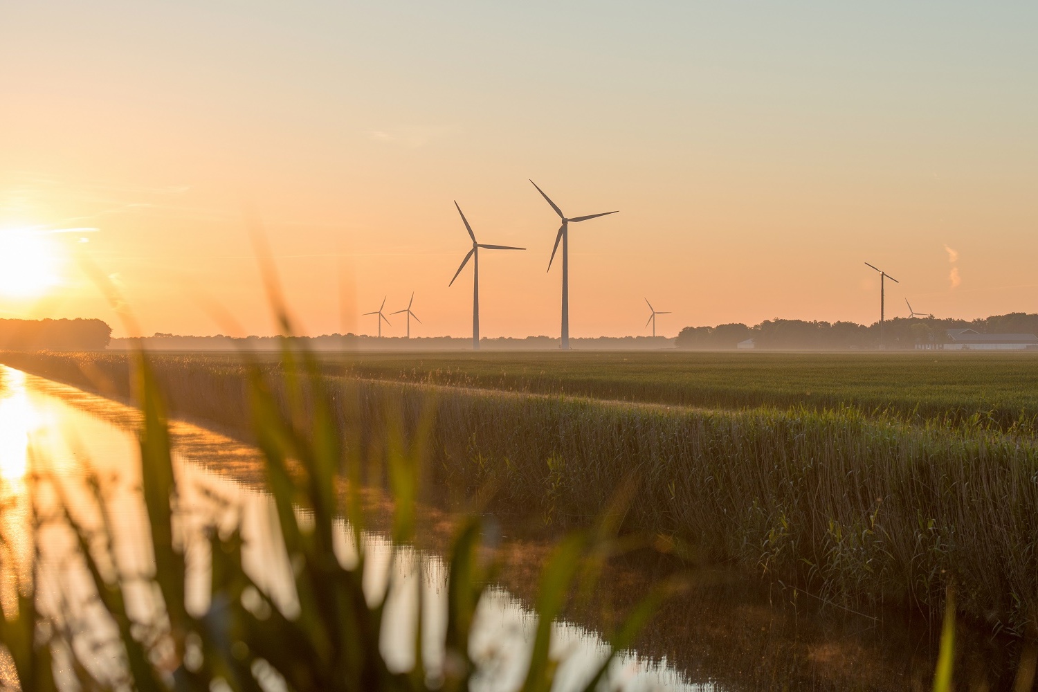 Dawn over a canal with wind turbines in the distance