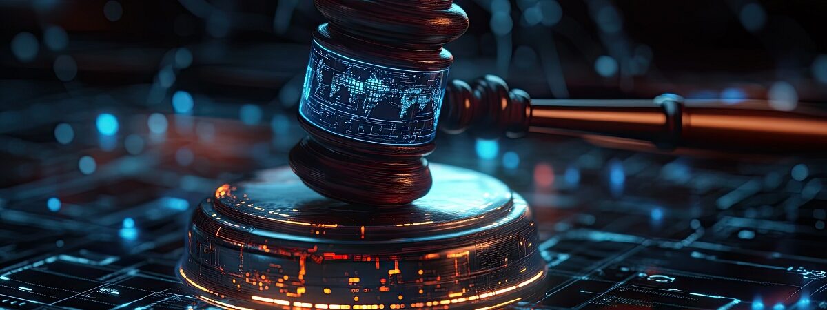 Judge gavel illuminated by a futuristic holographic display, representing modern justice systems.