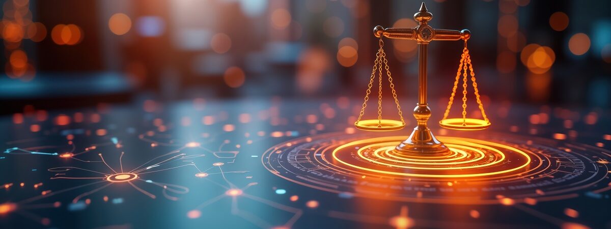 Digital graphic of golden scale of justice over technological interface. Modern concept of fair employment law compliance. Image highlights digital balance between workers employers. Illustrates