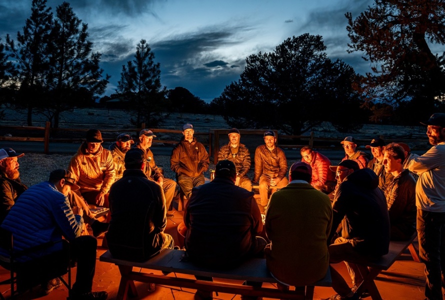 Men around a campfire at night discussing their feelings