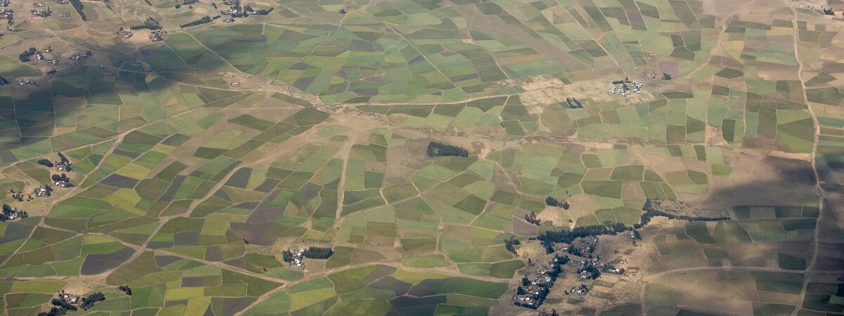 High aerial view of patchwork of farms in rural Ethiopia.