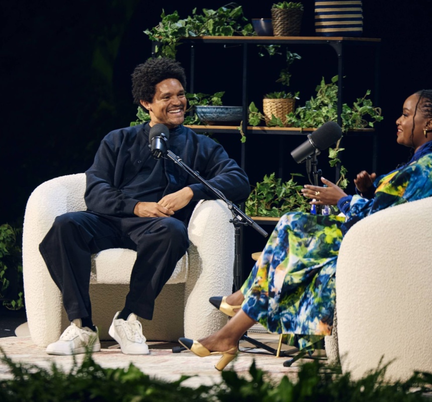 Wawira Njiru joins Trevor Noah on stage at the 2026 Skoll World Forum