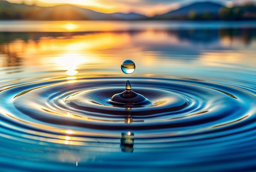 Serene water droplet creates gentle ripples on a calm lake surface, symbolizing the profound influence of individual actions on community well-being and harmony.